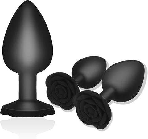 Anal Butt Plug Rose Se*x Toy, 3Pcs Silicone Anal Plugs Training Set,Training Set with Flared Base Prostate Se*x Toys for Beginners Advanced Users(Black)