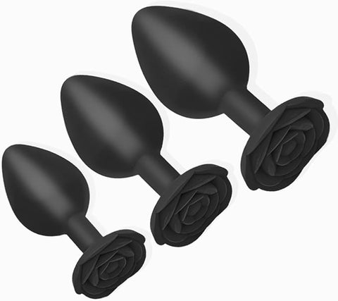 Anal Butt Plug Rose Se*x Toy, 3Pcs Silicone Anal Plugs Training Set,Training Set with Flared Base Prostate Se*x Toys for Beginners Advanced Users(Black)