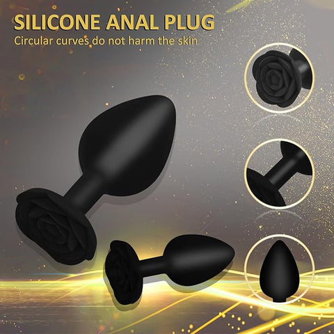 Anal Butt Plug Rose Se*x Toy, 3Pcs Silicone Anal Plugs Training Set,Training Set with Flared Base Prostate Se*x Toys for Beginners Advanced Users(Black)