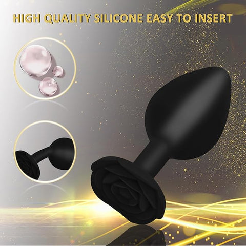 Anal Butt Plug Rose Se*x Toy, 3Pcs Silicone Anal Plugs Training Set,Training Set with Flared Base Prostate Se*x Toys for Beginners Advanced Users(Black)