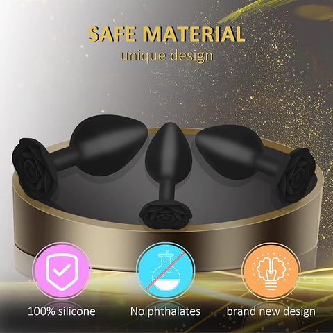 Anal Butt Plug Rose Se*x Toy, 3Pcs Silicone Anal Plugs Training Set,Training Set with Flared Base Prostate Se*x Toys for Beginners Advanced Users(Black)